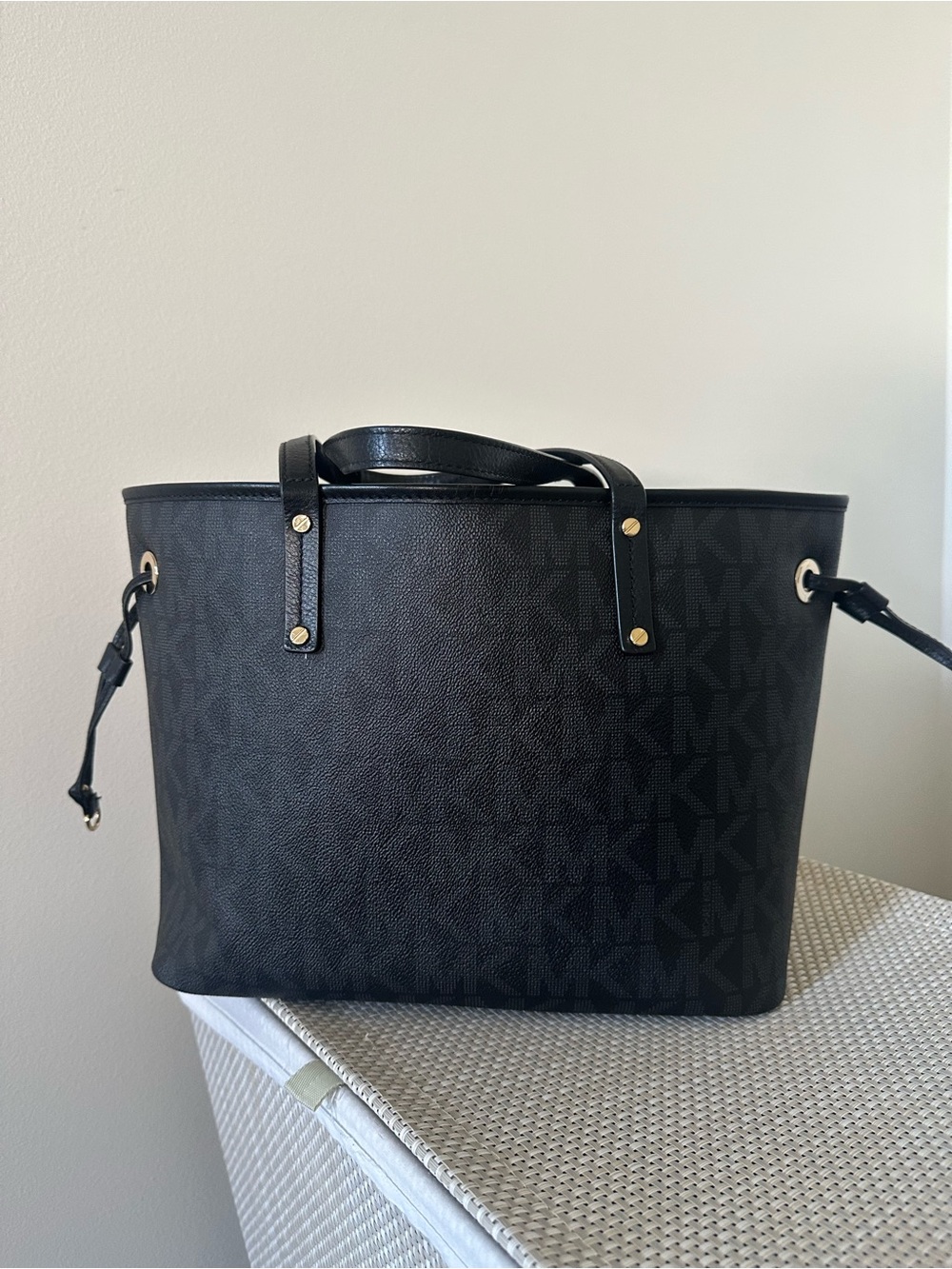 Michael Kors Black Logo Reversible Tote with Gold Accents
